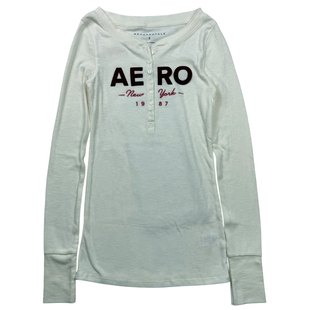 VTG Y2K Style Aeropostale Ribbed Henley Long Sleeve Logo Shirt Small Bella Swan